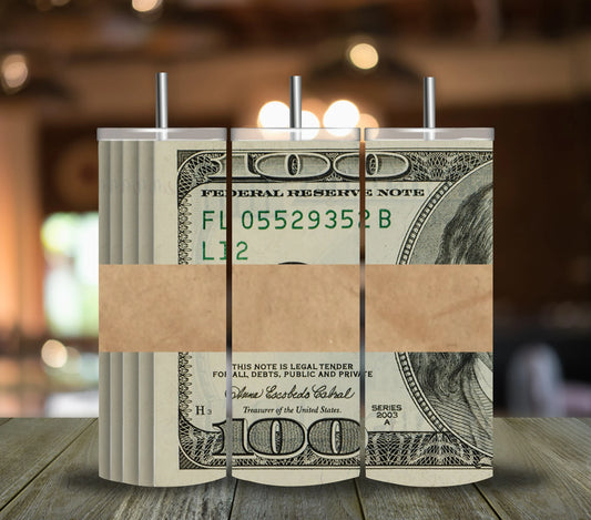 Money roll band tumbler wrap PNG, 100 dollar bill tumbler